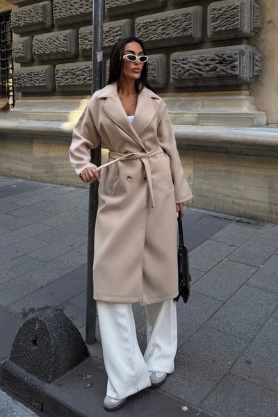BEJNA Women's Double-Breasted Collar Wool Textured Belted Oversize Cashmere Coat