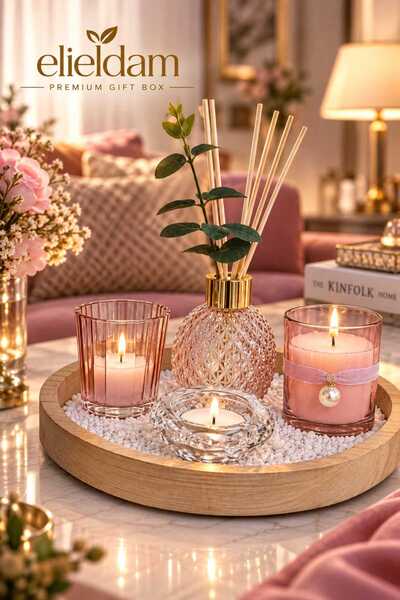 Pinterest Ev Tarzı Premium Oda Kokusu ve Mum Hediye Seti Doğum Günü Özel Gün Yeni Ev Hediyesi Difüzör, Ahşap Tepsi ve Doğal Soya Mum Seti