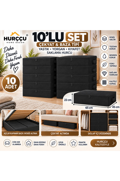 YELLOW STARY HOME DECOR 10’lu Set Siyah Baza Altı Hurç 65x45x22 cm – Çekyat Altı Yastık Yorgan Kıyafet Saklama Düzenleyici