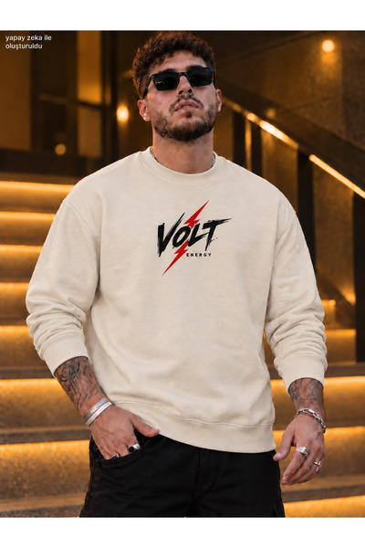 caddekombin Men's Lightning Detailed Volt Energy Written Crew Neck Casual Reg...