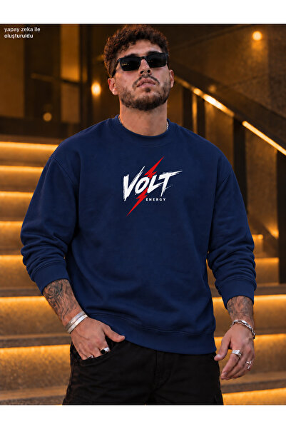 caddekombin Men's Lightning Detailed Volt Energy Written Crew Neck Casual Reg...