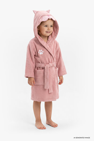 Puffy Cat Hooded 100% Cotton Children's Bathrobe - Pink