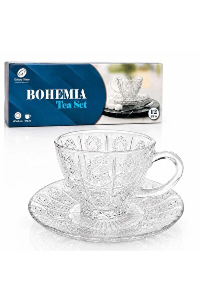 JML Ceasca din Sticla 6/set, cu Farfurie 14.5cm, Model cu Soare, 7x9cm