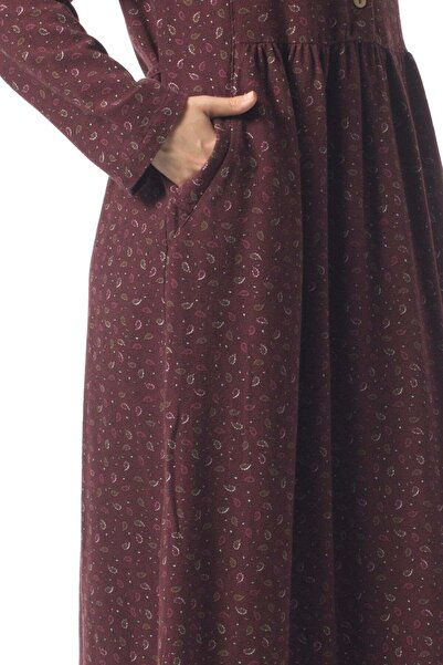 Eliş Şile Bezi Nazlı Flannel Shawl Pattern Buttoned V-Neck Long Sleeve Winter Long Dress Burgundy Brd
