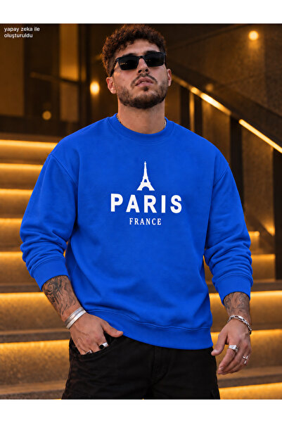caddekombin Men's Eiffel Tower Illustration and Paris France Printed Crew Nec...