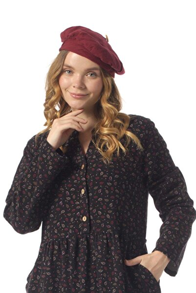 Eliş Şile Bezi Nazlı Flannel Shawl Pattern Buttoned V-Neck Long Sleeve Winter Long Dress Black Syh