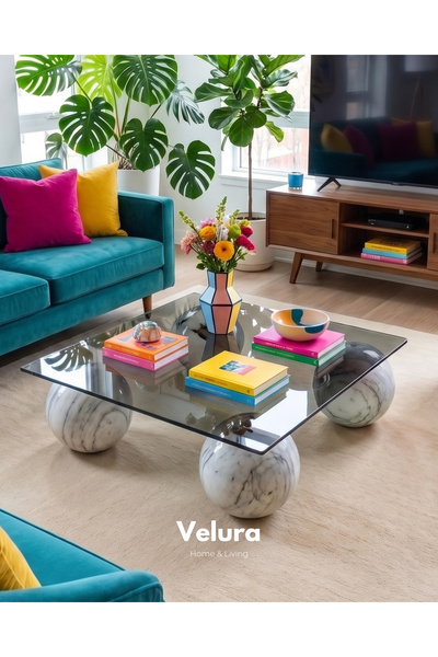 Velura Home & Living Küre Orta Sehpa - Beyaz Traverten Mermer - Kare Füme