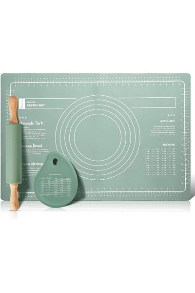 Yelajoy 3 Pcs Silicone Baking Set - 60X40CM Mat, Rolling Pin, Dough Cutter - ...