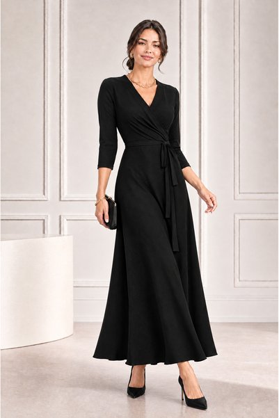 Missrelda Moda Women's Three Quarter Sleeve Double Breasted Collar Waist Tie Long Casual Dress