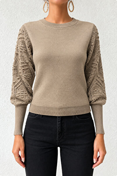 hanope Women's Crew Neck Half Fisherman Sleeve Lace Detailed Mink Sweater