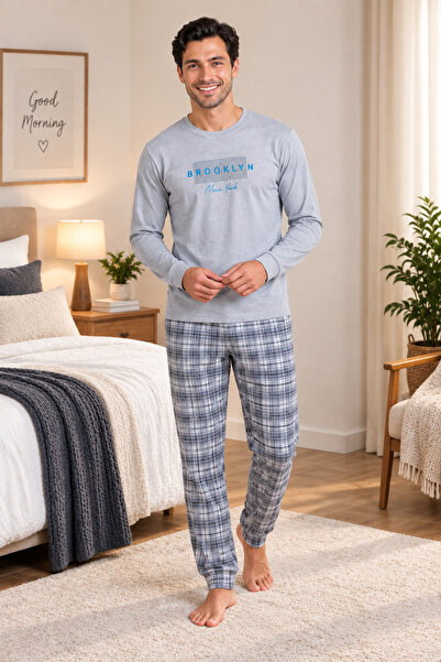 FALKOM 5804 Interlock Winter Thick Fabric Plaid Pajamas Men's Home Pajama Set
