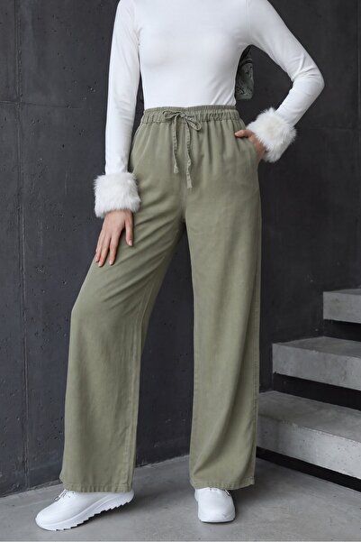HİJABAYA Elastic Waist, Lace Detail, Double Pockets, Wide Leg Tencel Hijab Je...