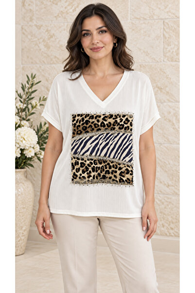 AGORATEKSTİL Women's Crinkle Fabric Leopard Patterned Stoned Short Sleeve Blo...