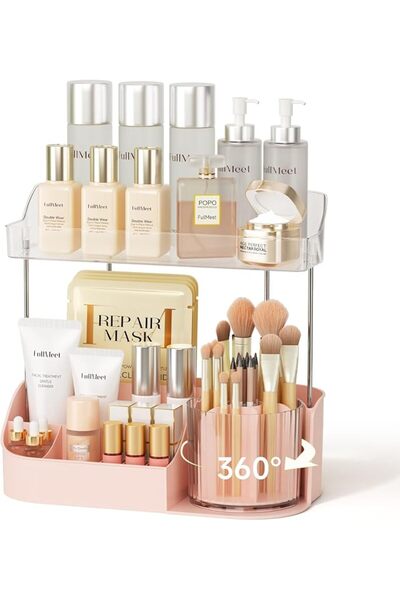 KASTWAVE Rotating Makeup Organizer with Makeup Brush Holder, 2 Tier Bathroom ...