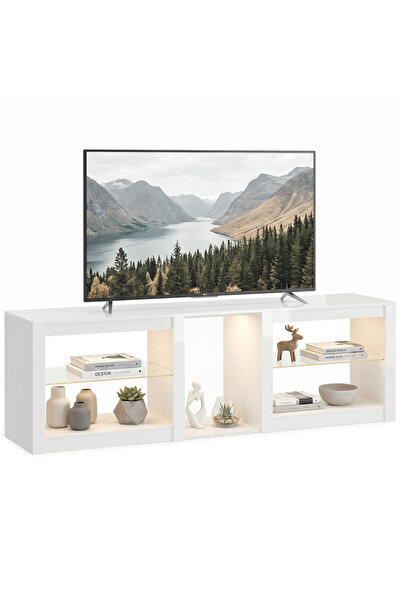 Generic Brand Comodă TV subțire cu iluminare LED RGB, cu rafturi de sticlă re...