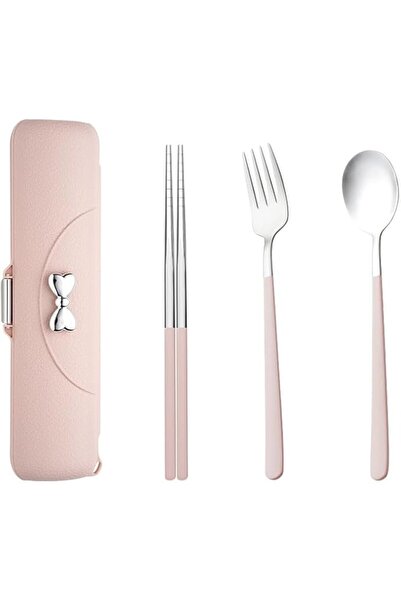 Tazweeq Portable Cutlery Set, Pink Leather-Textured Case, 3 Pcs Stainless Ste...