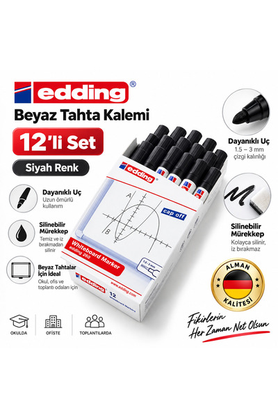 Edding 260 Beyaz Tahta Kalemi 12’li Kutu Siyah