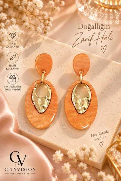 cityvision Oval Model Orange Color Stainless Steel Earring Set