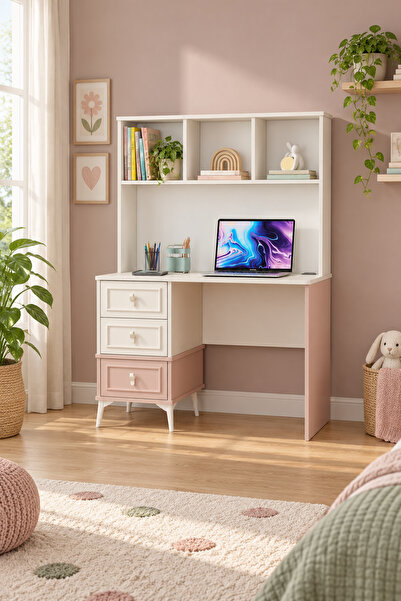 tino furniture Dallas Çalışma Masası – Raflı, Çekmeceli & Modern Genç Çocuk O...
