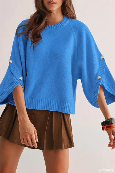 TOZLU Blue Gülseli Crew Neck Sweater with Cuff Detail in Knitwear Style