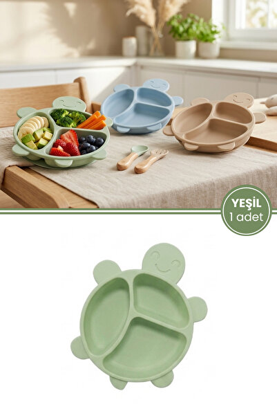 12den Kaplumbağa Figürlü 3 Bölmeli Bebek Mama Tabağı, Ek Gıda Beslenme Tabağı Plastik BPA Free Yeşil