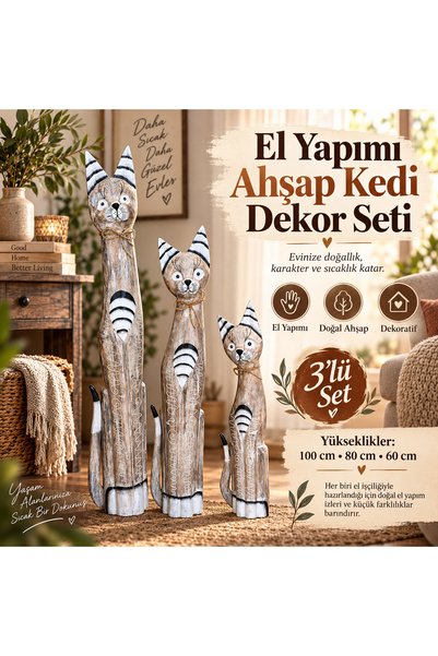 İki Yedi Konsept Tizzy 772 El Yapımı Açık Renk Ahşap Kedi Seti 3'lü Boho Deko...