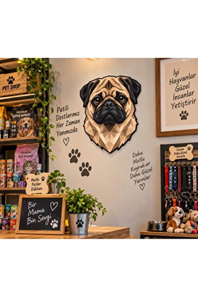 Geometrik PUG KÖPEK MDF Duvar Dekoru | UV Baskılı PUG KÖPEK Figürü