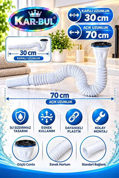 OnlyTech Krom Süzgeçli Körüklü Lavabo Ve Mutfak Sifonu kapalı 30 cantim ,açık...