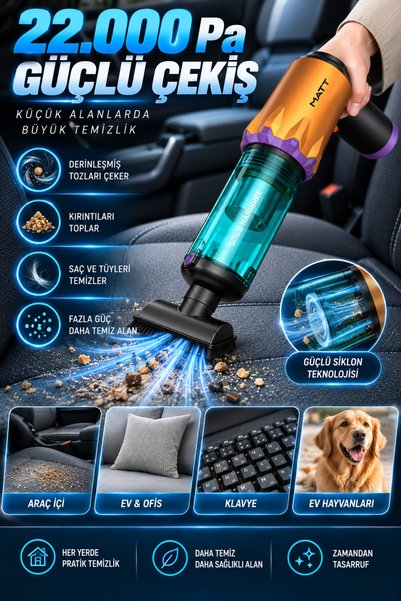 Merwish Kablosuz Şarjlı Araç içi Süpürge 22.000 Pa Çekim Gücü 200W Fırçasız Motor 9000 mAh Güçlü Çekim Üfleme Fonksiyonlu Araç Ev Ofis Süpürgesi