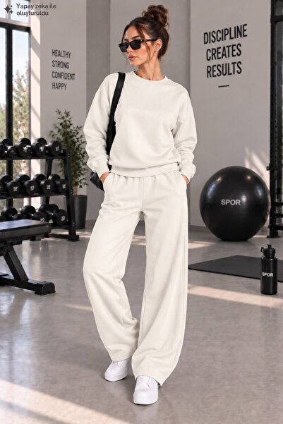 EMMODA Women's Crew Neck Wide Leg Two-Piece Tracksuit Set Baggy