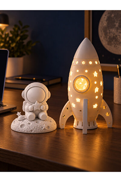 EBStudio Astronot Biblo ve Roket Gece Lambası 2’li Masaüstü Dekor Seti LED Iş...