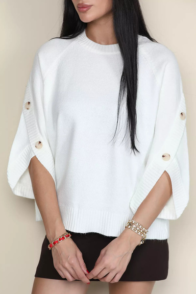 TOZLU Cream Gülseli Crew Neck Sweater with Cuff Detail