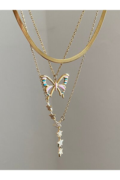 Generic Brand Butterfly, Star Y 3-Piece Gold Steel Necklace Combination