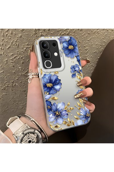 CHICASELUX Vivo Y29 4g Compatible Elegant Flower Case, Blue Flower Golden Bra...