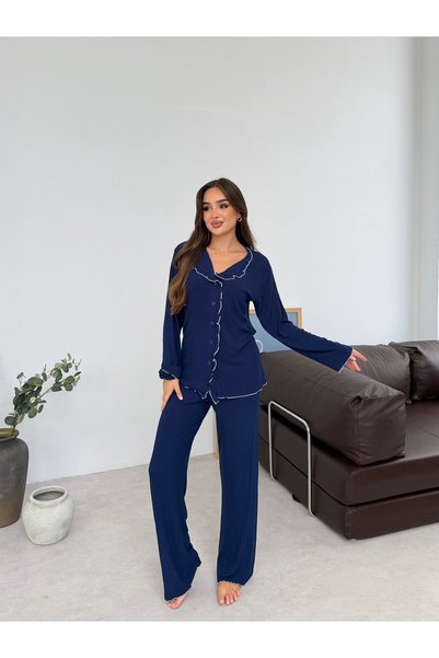 MJAMASS Navy Blue Ruffle Detailed Buttoned Cotton Pajama Set