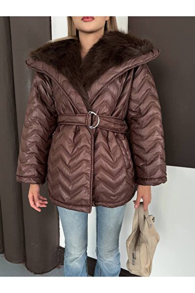 buqre's moda Belted Fur Lined Shawl Collar Puffer Quilted Coat