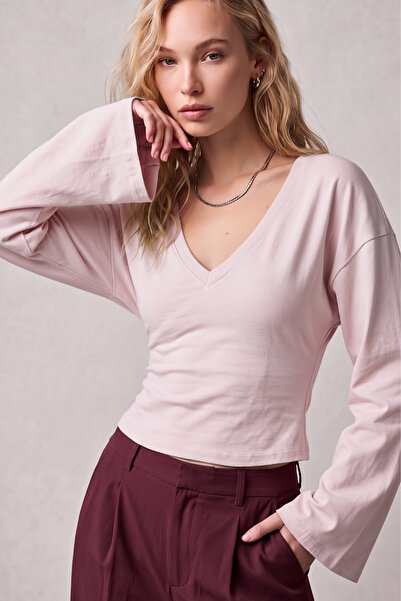 VODENS Pembe V Yaka Yarasa Kollu %97 Pamuk T-Shirt