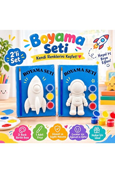 2'li Uzay Macerası Astronot ve Roket Boyama Seti - Çocuk Aktivite ve Hobi Seti (Boya ve Fırça Dahil)
