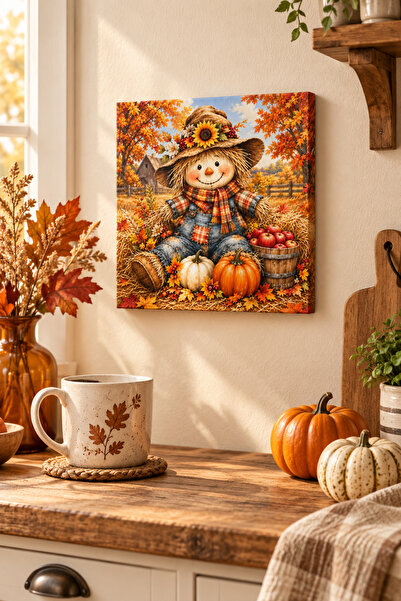 AlohamoraShop Sevimli Korkuluk Sonbahar Temalı Dekoratif Canvas Tablo 20x20 c...