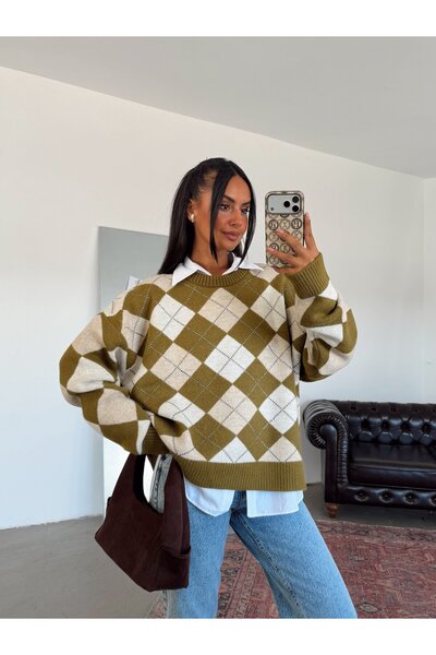 myd Staple Detailed Diamond Patterned Sweater - Khaki