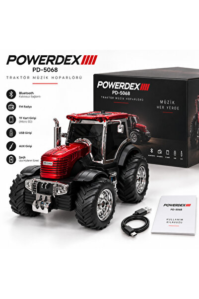 powerdex Kırmızı Traktör Bluetooth Hoparlör 15W FM Radyo USB AUX TF Kart Şarjlı