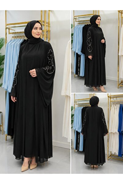 ETRUCCİ KOLU TAŞ İŞLEMELİ ŞİFON ABAYA
