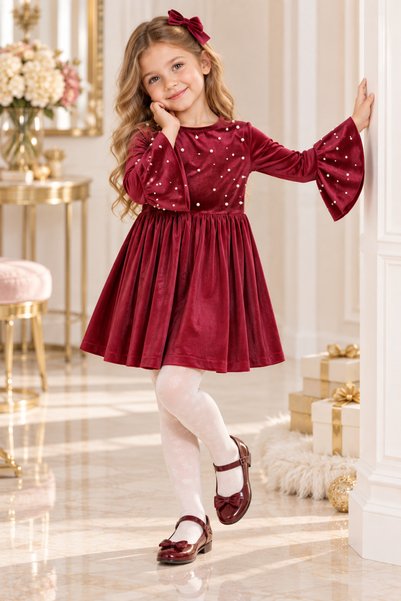 NEWKİDS Girl's Dress with Long Sleeves, Pearl Embellished Flared Cuffs, Waist Cutout, Pleated/Draped Design.
