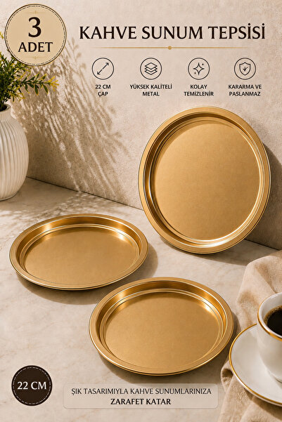 Ahlat Store 3-Piece Gold Metal Decorative Serving Tray, Tea and Coffee Tray, ...
