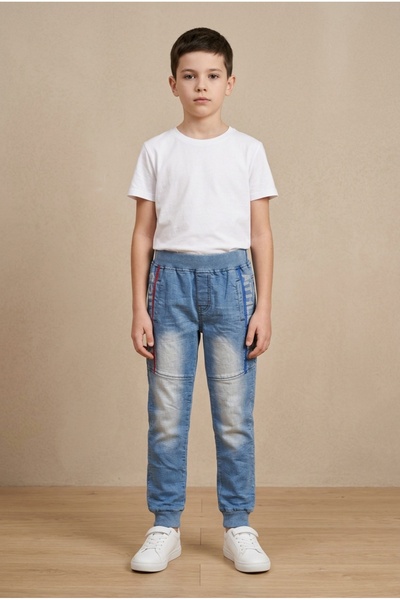 OEM Pantaloni baieti tip jogger denim, talie si mansete elastice, dungi later...