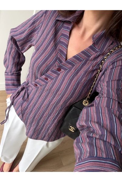 SHILSEE BEUTİQUE Asymmetric Cut Striped Crinkled Detail Shirt with Binding Details Purple