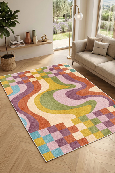 Decomia Home Renkli Vintage Retro Kaymaz Dokuma Tabanlı Yıkanabilir Şönil Kil...