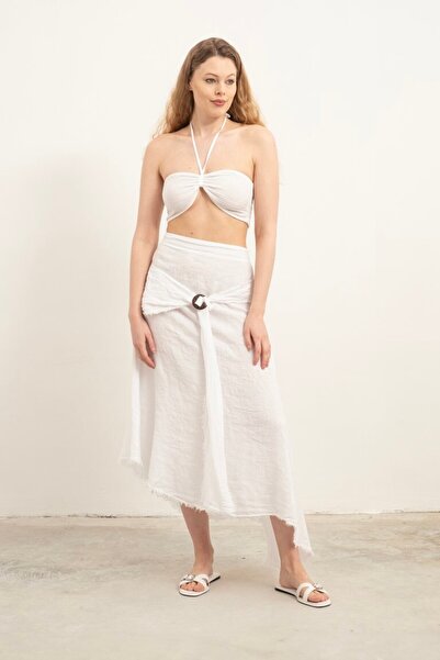 İpekçi Otantik Linen Skirt with Tie Front Detail, White