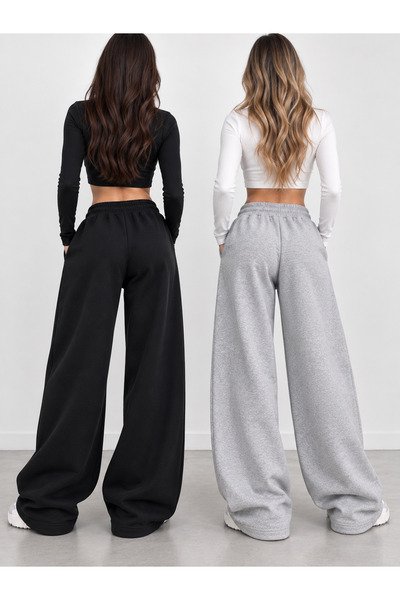 yx yustex sport 2-Piece Winter Tracksuit Bottom Set (Black and Grey) with Cotton Inside, Wide Legs, Pocket Detail, and Lace-Up Fastening