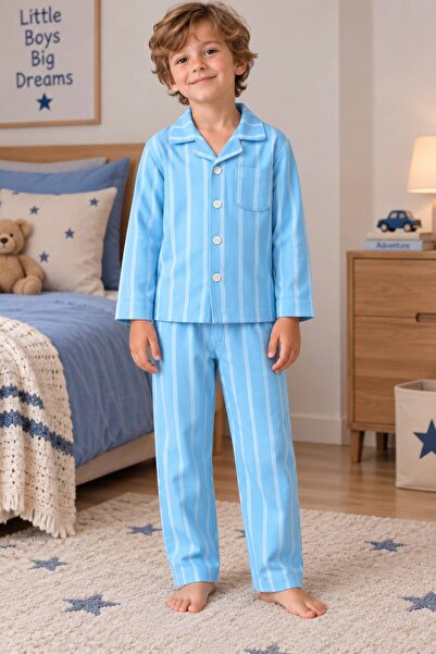 Montisu Mavi Düş Unisex Çizgili Çocuk Pijama Takımı